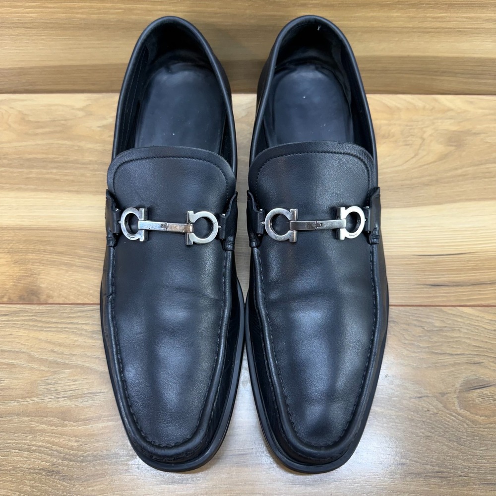 Salvatore Ferragamo Gancini Bit Loafers Mens 12 D Black Leather Silver Buckle